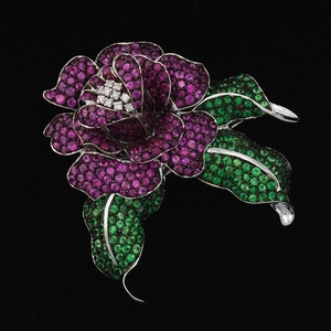 Ruby and Tsavorite and Diamond Floral Brooch