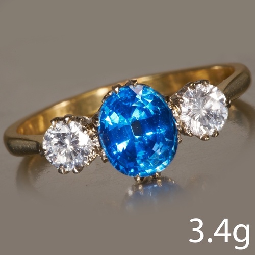 SAPPHIRE AND DIAMOND 3-STONE RING, 18 ct. gold. Gemstones to...