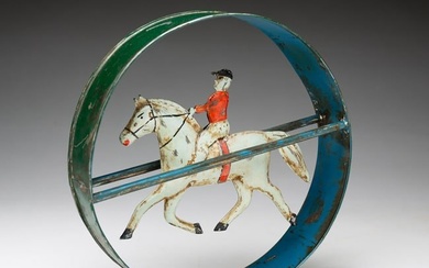 SCARCE AMERICAN PAINTED TIN ROLLING HOOP TOY OF HORSE AND JOCKEY.