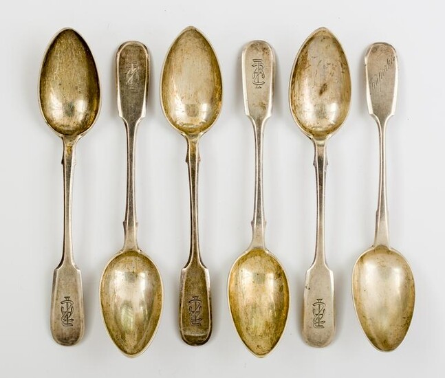 SIX LARGE RUSSIAN SILVER SPOONS, St. Petersburg