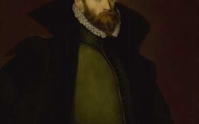 STEVEN VAN DER MEULEN | PORTRAIT OF GEORGE DACRES OF CHESHUNT (1533-1580), THREE-QUARTER LENGTH, IN A DARK GREEN DOUBLET, FUR CLOAK, HAT, AND SWORD