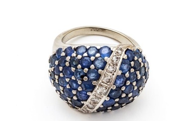 Sapphire And Diamond Cluster Dome Ring, 14K White Gold, Size: 6.25
