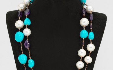 Sautoir perles turquoise et améthyste style Chanel Argent doré, façonné 925. Serti de turquoises, améthystes...