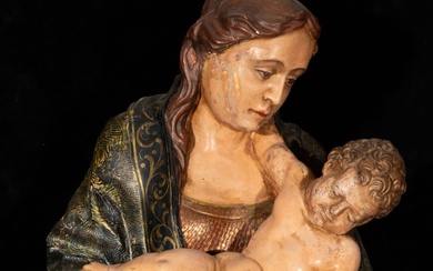 Sculpture de la Vierge Marie couronnée avec l'enfant Jésus dans les bras, école italienne du...
