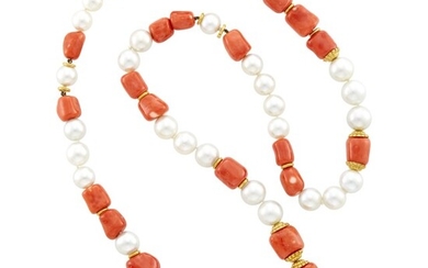 Seaman Schepps Long Gold, South Sea Cultured Pearl and Coral Bead Necklace