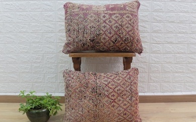 Set of 2 Vintage Moroccan Berber Pillow colourful-cushion berber Handmade-Natural Wool-Moroccan