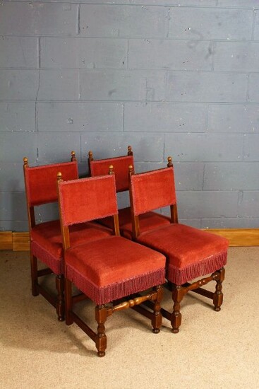 Set of four Cromwellian style dining chairs, with pad backs and stuff over seats on turned supports