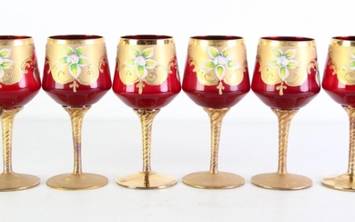 Set of six hand painted ruby red Bohemia glasses with twisted gilt stems