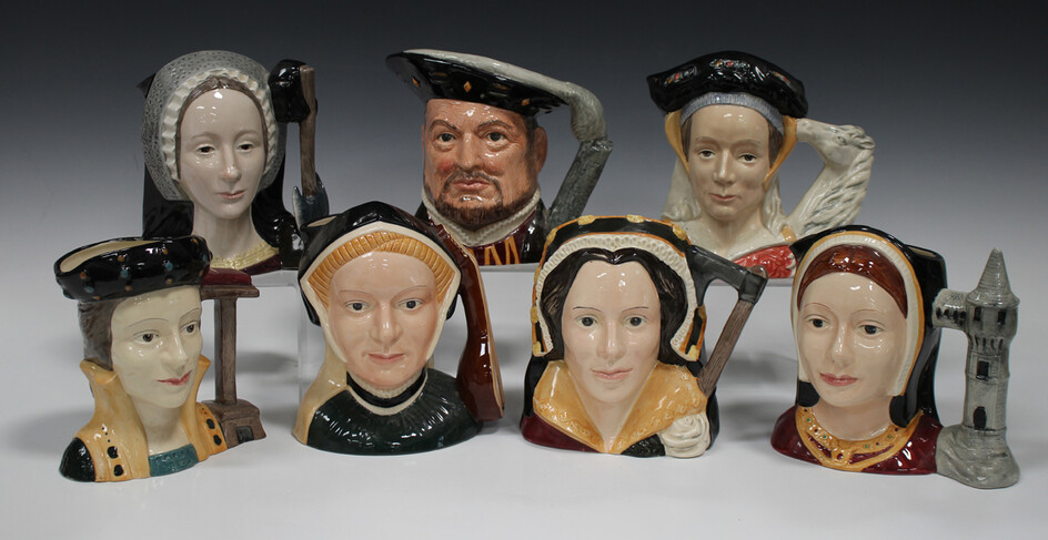 Seven Royal Doulton large character jugs, modelled as Henry VIII and his six wives.