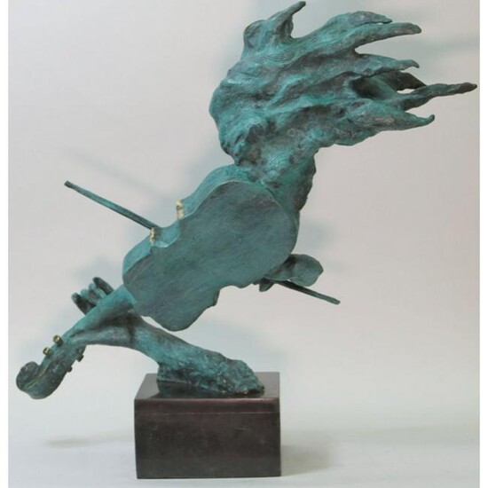 Signed Abstract Bronze Sculpture, Lady Playing Violin