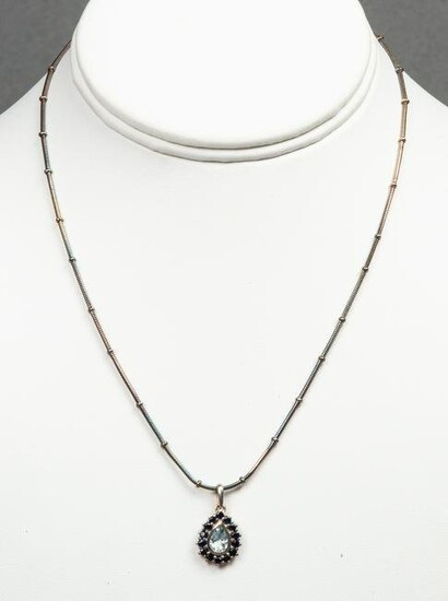 Silver Aquamarine & Sapphire Pendant Necklace