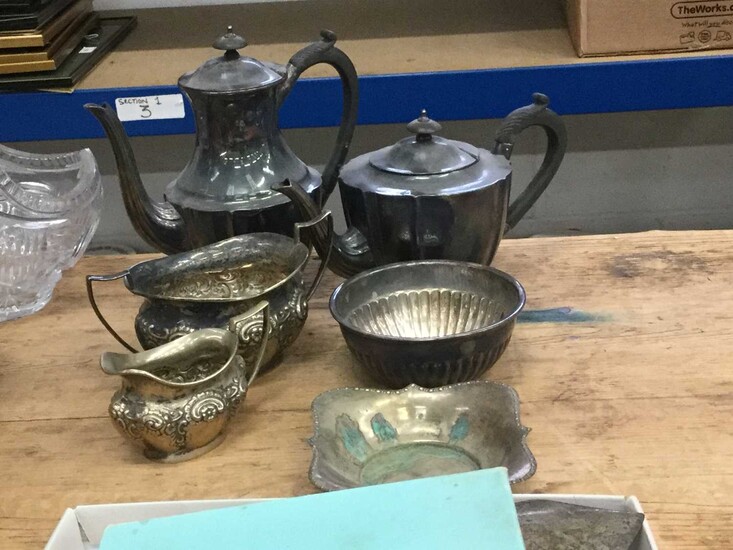 Silver plated tea and coffee pots by Walker & Hall, together with silver plated cutlery and other plated wares