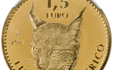 Spain: , Phillip VI gold Reverse Proof "Iberian Lynx / Spanish Doubloon" 1-1/2 Euros (1 oz) 2021-M PR70 NGC,...