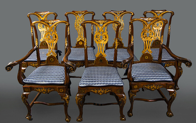 Spanish chairs of Chippendale influence, 18th century with rockeries and carved and gilded details composed of four chairs and two armchairs, plus two similar chairs made later. Height: 101 cm. Exit: 500uros. (83.193 Ptas.)
