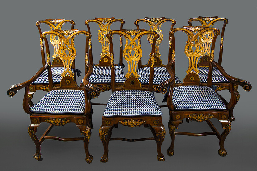 Spanish chairs of Chippendale influence, 18th century with rockeries and carved and gilded details composed of four chairs and two armchairs, plus two similar chairs made later. Height: 101 cm. Exit: 500uros. (83.193 Ptas.)
