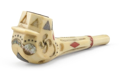 WHALEMAN-MADE CARVED AND INLAID WHALE IVORY PIPE Mid-19th...