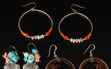 Sterling Earrings Including Coral, Pearl, Coconut Shell