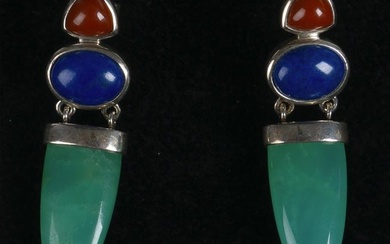 Sterling Silver, Jade, Lapis Lazuli & Coral Earrings