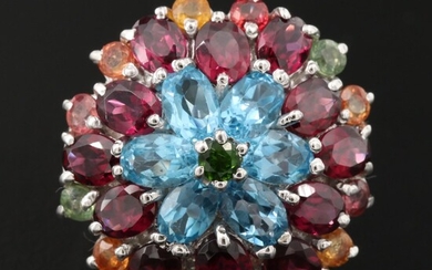 Sterling Silver Topaz, Rhodolite Garnet and Sapphire Floral Cluster Ring