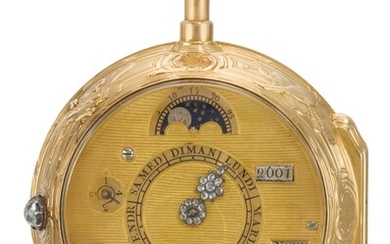 TAVERNIER À PARIS | A RARE GOLD DOUBLE DIALLED CALENDAR WATCH WITH MOON PHASES AND MANUAL YEAR MEMENTO DIAL, DUMB QUARTER REPEATING AND À TOC CIRCA 1760