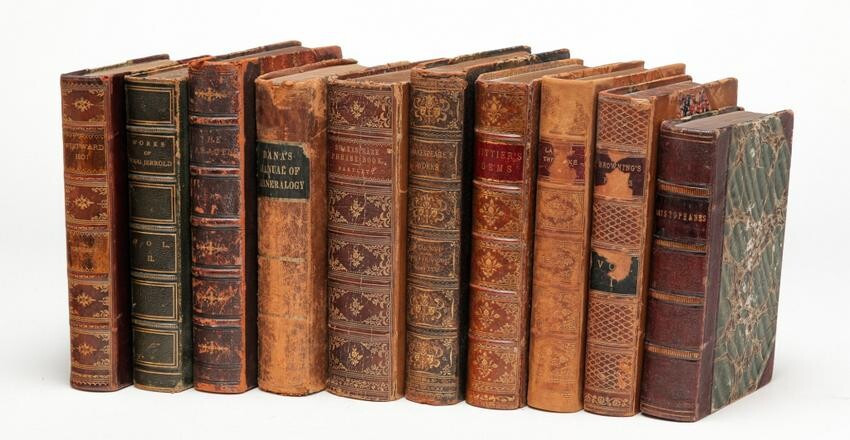 TEN LEATHER-BOUND BOOKS INCLUDING SHAKESPEARE.
