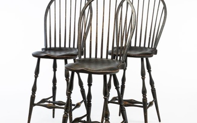 THREE PAINTED WINDSOR STYLE BAR CHAIRS.