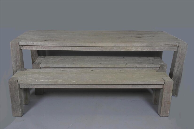 TUSCANY TEAK GREY WEATHERED DINING TABLE AND BENCHES, KINGSLEY BATE