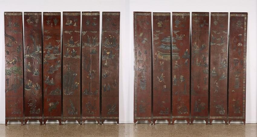 TWELVE PANEL LACQUERED ASIAN SCREEN