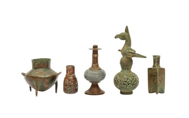 TWENTY-ONE SMALL SELJUK BRONZE VESSELS, ACCESSORIES, AND FRAGMENTS Iran and Central Asia, 12th - 14th century and later