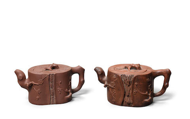 TWO YIXING 'PRUNUS' TEAPOTS AND COVERS