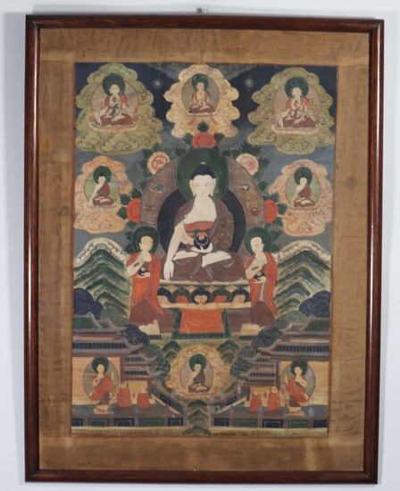 Tanka peint sur papier à décor de Bouddhas chine, fin XIXème siècle.