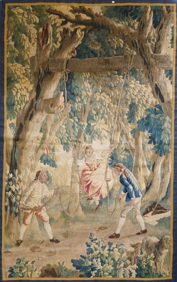 Tapisserie en laine "La balançoire". Epoque XVIIIe. 216 X 138.