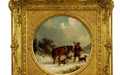 Thomas Smythe (1825-1906) pair of oils on canvas laid on panel - Snow Covered Landscapes, Homeward Bound, signed, 21cm tondo