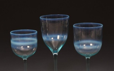 Three James Powell & Sons Whitefriars opal glass wine glasses probably designed by Harry Powell, unsigned, 14.3cm. high (tallest), (3) Literature Lesley Jackson Whitefriars Glass the Art of James Powell & Sons, Richard Dennis, page 102 plate 23 for a...