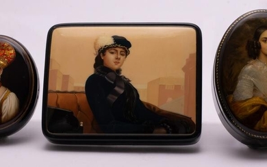 Three Russian Hand Painted Lacquered Portrait Boxes