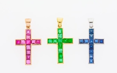 Three Tricolor Gold, Emerald, Ruby and Sapphire Cross Pendants