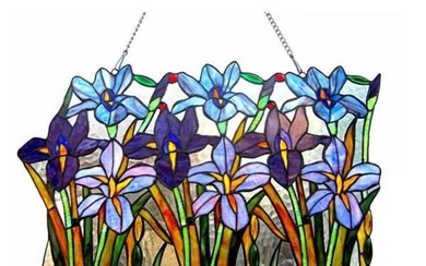 Tiffany Style Stained Art Glass Iris Hanging Panel
