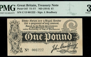 Treasury Series, John Bradbury, first issue £1, ND (7 August 1914), serial number C/13 001222,...