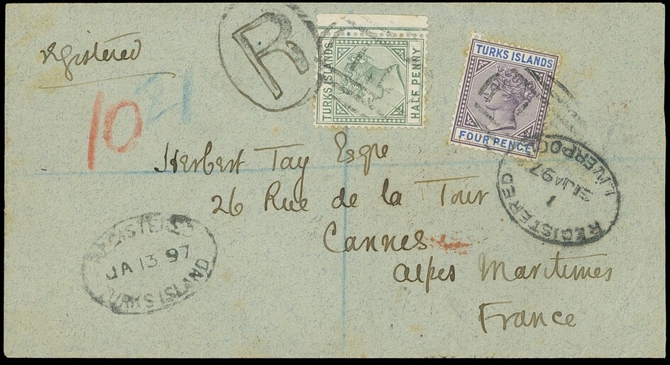 Turks Islands 1897 (13 Jan.) cover registered to Cannes, France franked with ½d. dull green an...