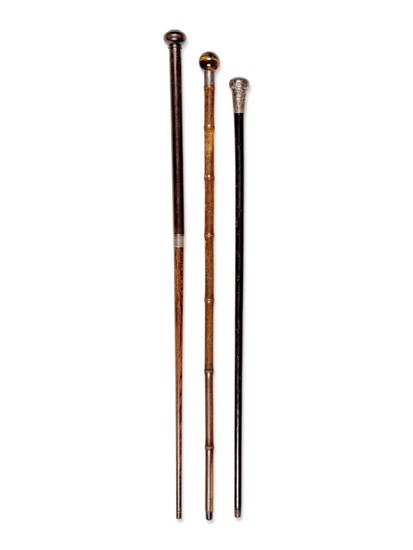 Two English Silver-Mounted Thermometer System Walking Sticks