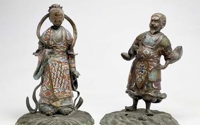 Two Japanese Bronze & Champleve Figures (Lamps)