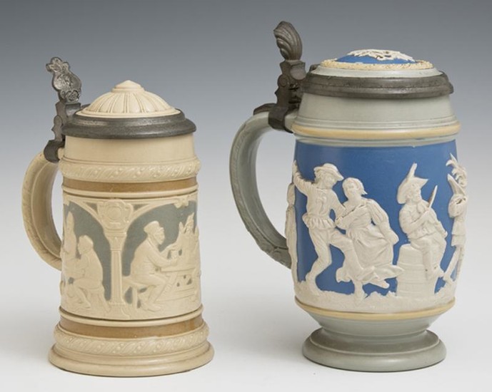 Two Mettlach Pewter Lidded Beer Steins, early 20th c.