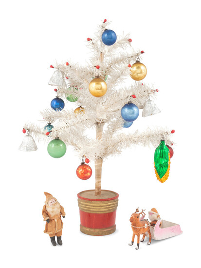 Two Miniature Composition Santa Claus Figures and a White Feather Tree with Ornaments