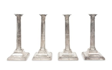 Two Near Pairs of English Silver Candlesticks