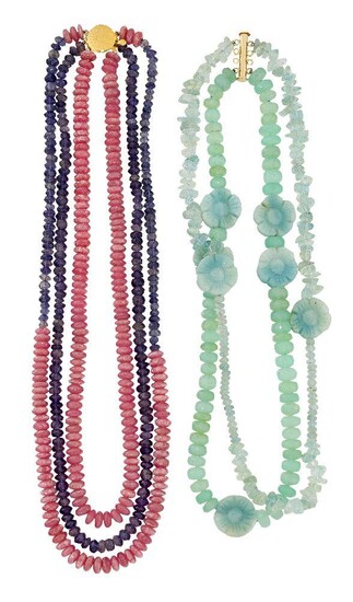 Two gem necklaces, the first designed as a strand of faceted chrysoprase beads and a strand of tumble polished pale aquamarines, each with carved chrysoprase flower head spacers, length 52.0cm; and an iolite and rose quartz three strand necklace...