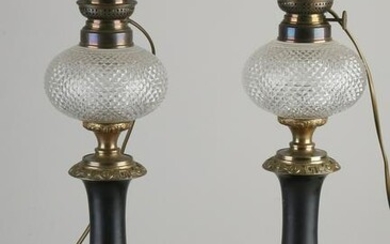 Two large antique table petroleum lamps with porcelain