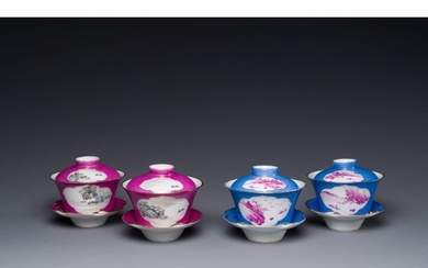 Two pairs of Chinese qianjiang cai covered bowls and saucers...