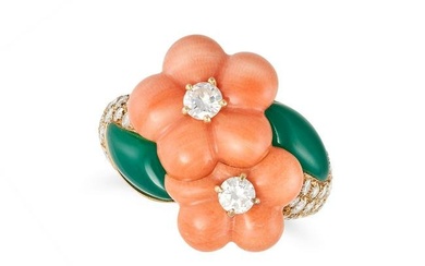 VAN CLEEF & ARPELS, A VINTAGE CORAL, CHRYSOPRASE AND DIAMOND FLOWER RING in 18ct yellow gold