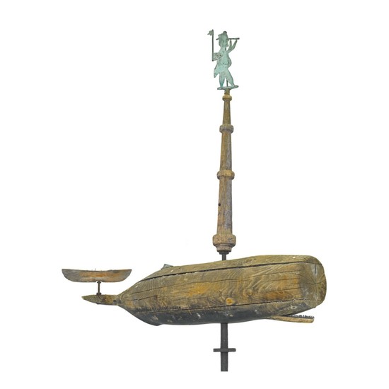 VERY RARE CARVED PINE AND SHEET COPPER WHALE AND SEA CAPTAIN WEATHERVANE, WESTPORT, MASSACHUSETTS, CIRCA 1850