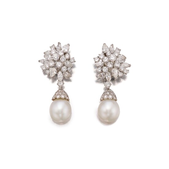 Van Cleef & Arpels | Pair of Cultured Pearl and Diamond Pendant-Earclips 梵克雅寶 養殖珍珠配鑽石耳墜一對